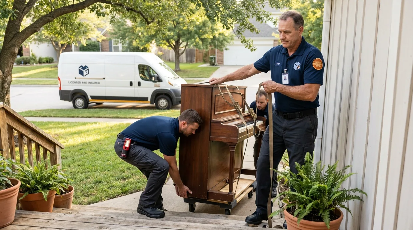 Licensed piano movers securing grand piano in Tuckerman, AR